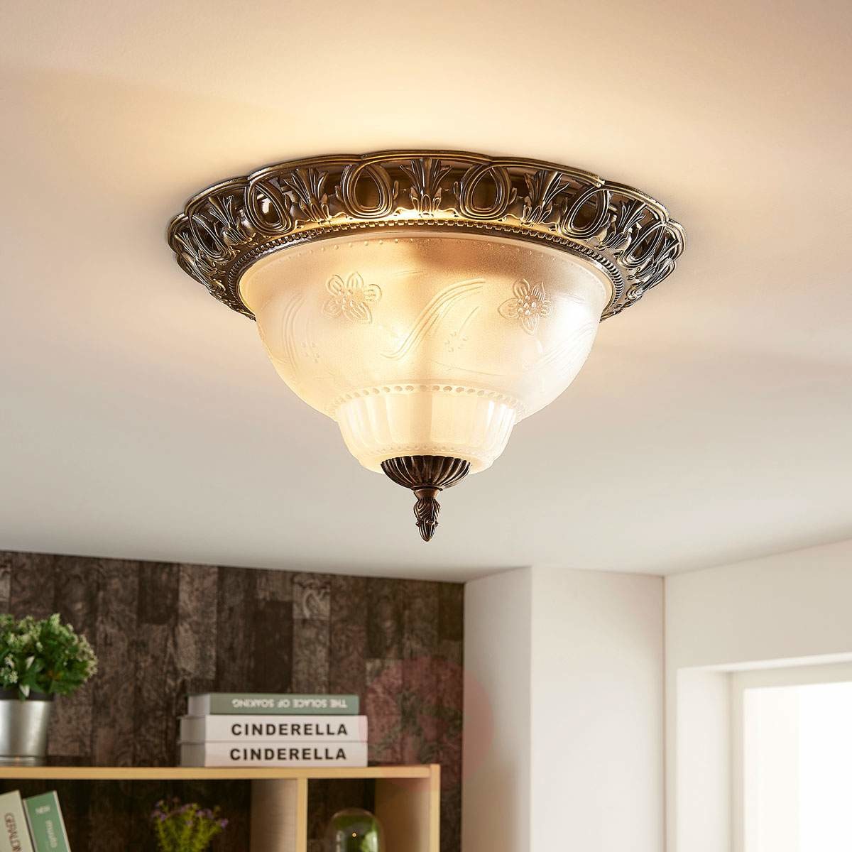 Lampenwelt com Lampa sufitowa Anni, szklany wytrawiany klosz