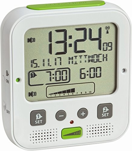 TFA Dostmann Boom o wysokiej wydajności budzik radiowy z alarm wibracyjny, plastik, kolor biały, 11 x 6 x 12 cm 60.2538.02