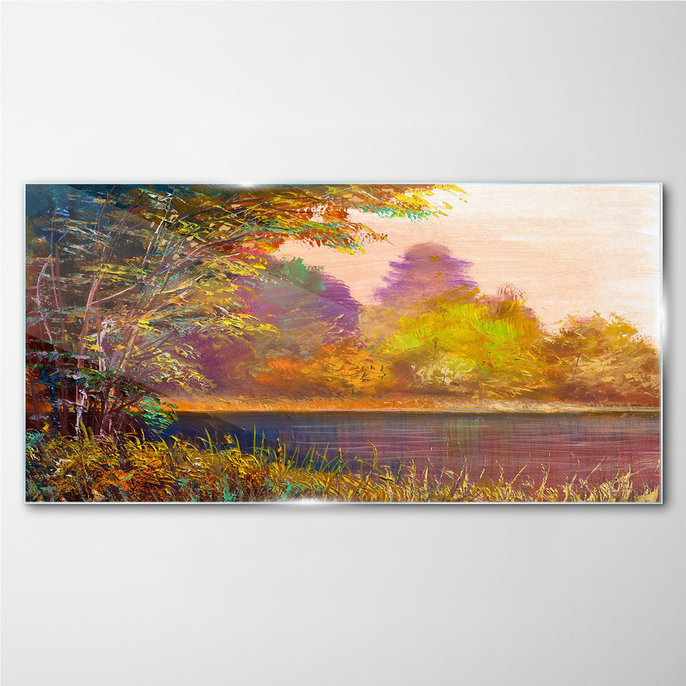 PL Coloray Obraz na Szkle Malarstwo drzewa woda 140x70cm