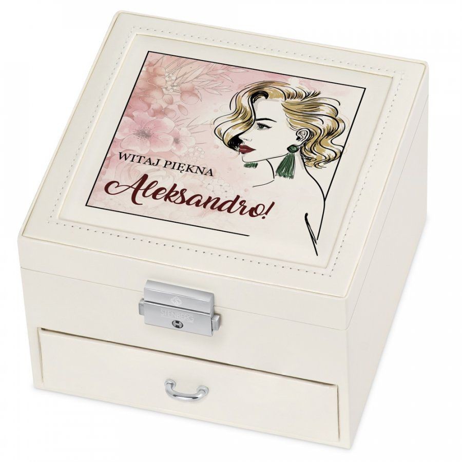 Murrano Szkatułka na Biżuterię Kremowa z Nadrukiem Piękna SZKT-BB-024