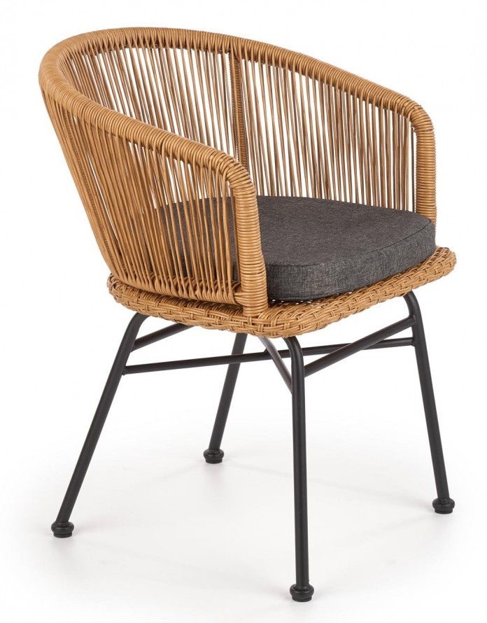 Halmar Krzesło z podłokietnikami rattan syntetyczny z poduszką K400 na czarnych metalowych nogach