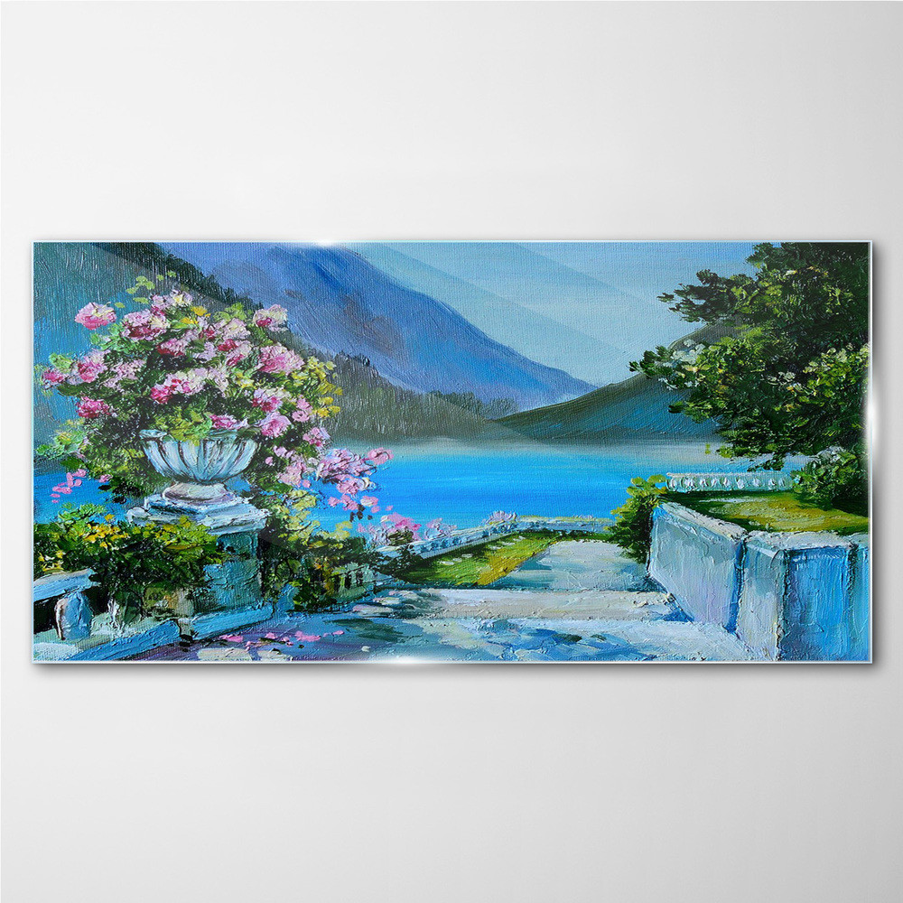 PL Coloray Obraz Szklany jezioro góry kwiaty 120x60cm