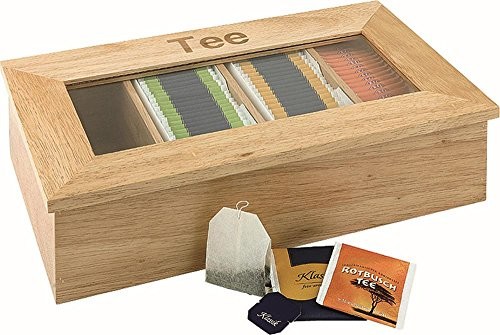 Esmeyer APS teebox wykonana z drewna (rubberwood) ok. 33,5 cm x 20 cm, wysokość 9 cm, z okienkiem, worek na 4 komory na kuvertierte herbatę (400-2354)