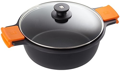Pinti Inox BRA Efficient  wysoki garnek do gotowania z pokrywką szklaną i uchwytami silikonu, odlew aluminiowy z powłoką nieprzywierającą Teflon Platinum Plus, czarny, 28 A270328