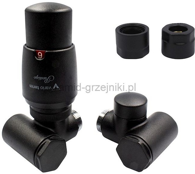 Varioterm Zawór termostatyczny INTEGRA ze złączką Pex/Cu - czarny str. miedź 15 mm lewy IGS0214CFK/L(Cu)