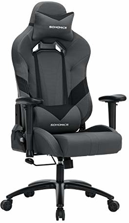 SONGMICS Songmics krzesło biurowe, fotel do gier, fotel szefa, ergonomiczny z regulowanymi podłokietnikami, poduszką pod głowę i okolicę lędźwiową, 66 x 72 x 124-132 cm, kolor szaro-czarny, RCG13G.