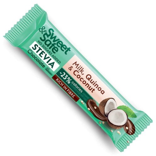 Baton z mlecznej czekolady - quinoa i kokos, słodzony stewią Sweet&Safe, 25g