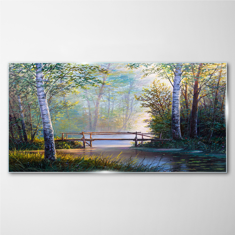 PL Coloray Obraz Szklany las rzeka most przyroda 100x50cm