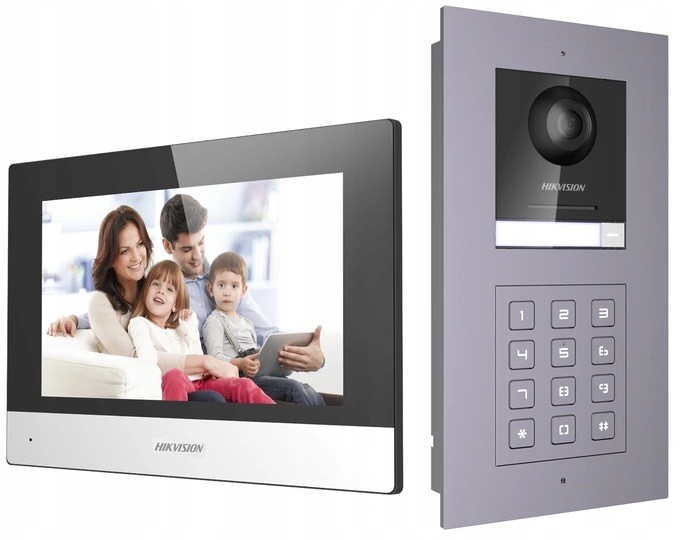 Hikvision Zestaw wideodomofonowy IP Hikvision: Monitor 7" LCD DS-KH6320-WTE1 + panel zewnętrzny z kamerą i szyfratorem