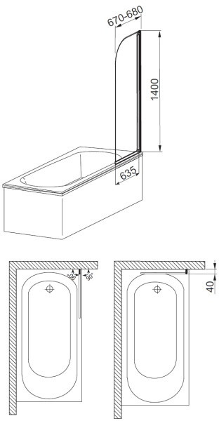 KFA KFA Modern 1 Parawan nawannowy jednoczęściowy 67x140 cm profile chrom szkło przejrzyste 170-06990P