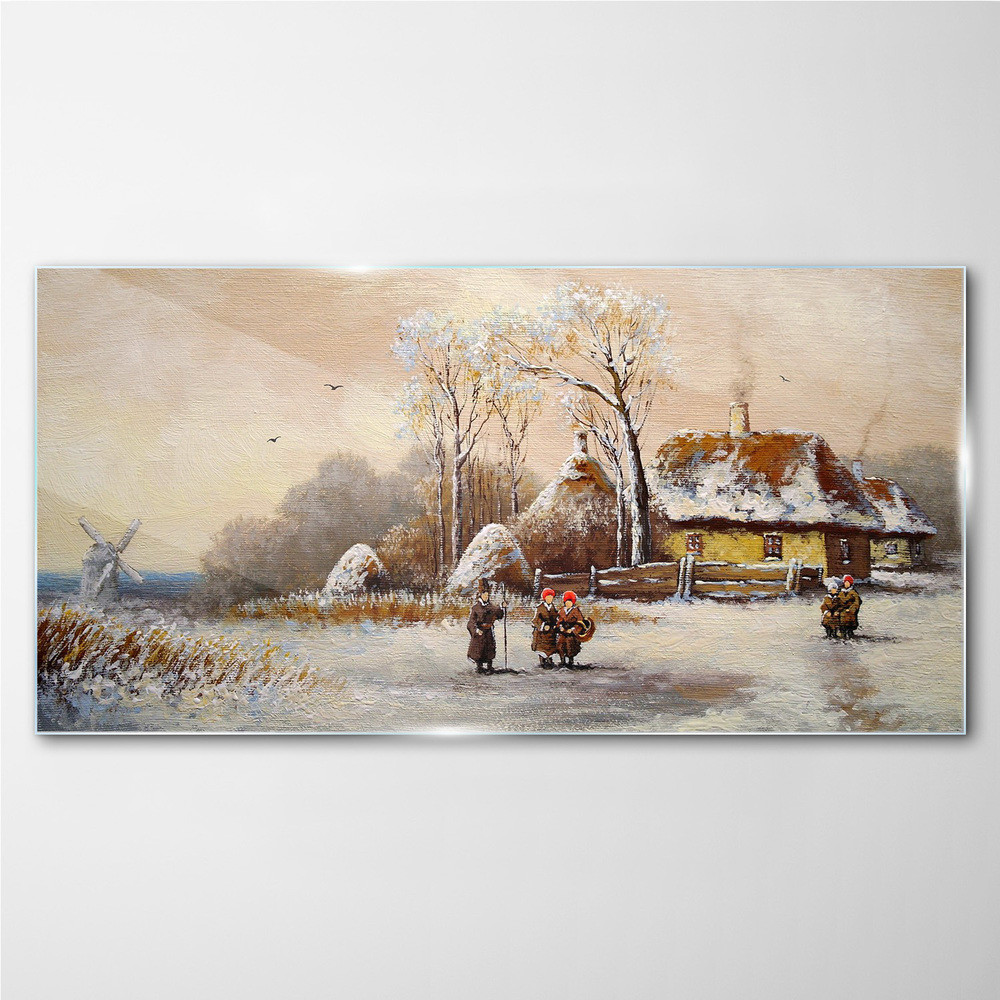 PL Coloray Obraz na Szkle Zima Wieś Śnieg Drzewo 140x70cm