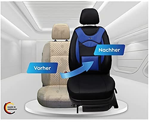 BREMER SITZBEZÜGE Pokrowce na fotele ze sztucznej skóry do foteli samochodowych kompatybilne z Ford Edge 2. Gen. 2015 kierowcy i pasażera pokrowce ochronne na fotele FB:D106 (czarny/niebieski) 4251671651824