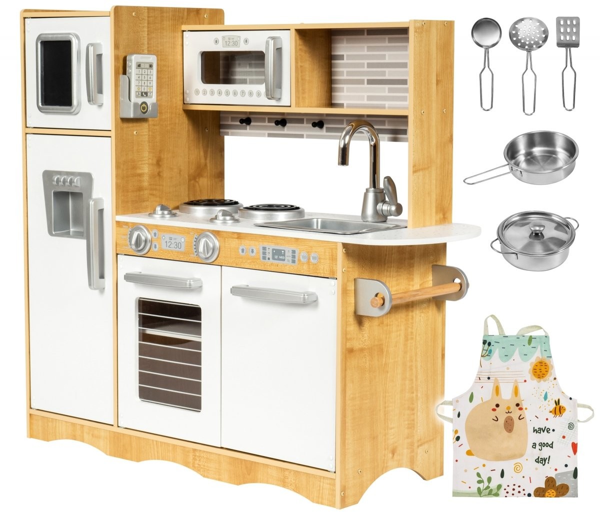 Mamabrum Kuchnia drewniana XXL z oświetleniem LED, fartuszkiem i akcesoriami LED KITCHEN W1C600