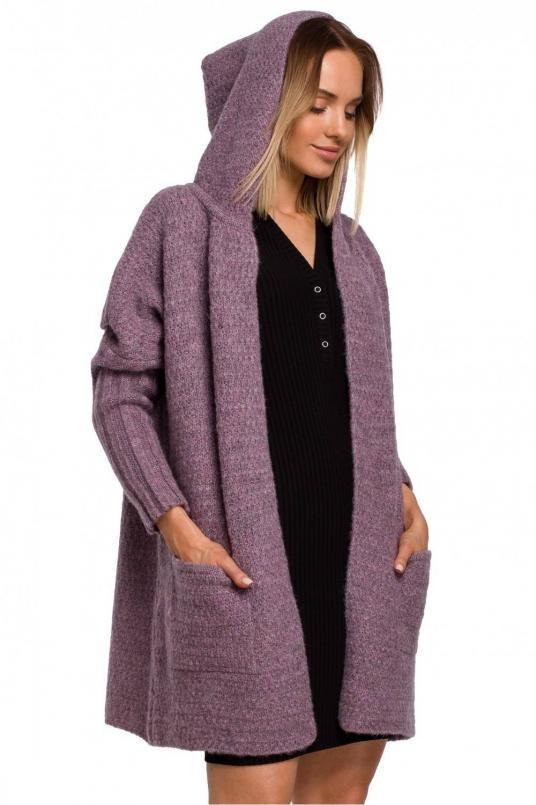 SukienkiShop Kardigan oversize z wełną i obszernym kapturem wąskie rękawy wrzos - SukienkiShop