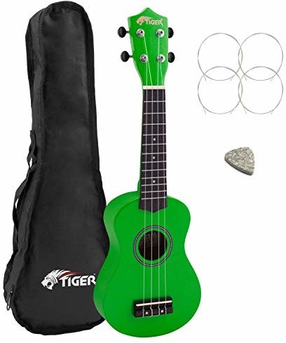 TIGER Tiger UKE7 ukulele sopranowe dla początkujących, zawiera torbę gigg, wykałaczkę filcową, zapasowy zestaw strun nowość dla 2020 teraz z tasiemkami AQUILA - zielony, UKE7-GR UKE7-GR