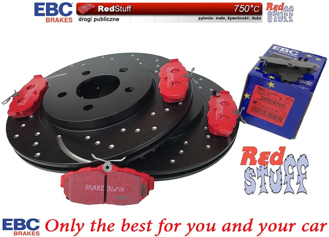 EBC Brakes Tylne CERAMICZNE klocki RedStuff + NAWIERCANE NACINANE tarcze hamulcowe EBC seria GD Ford Mustang 2005-2014 GD7254+DP31870C