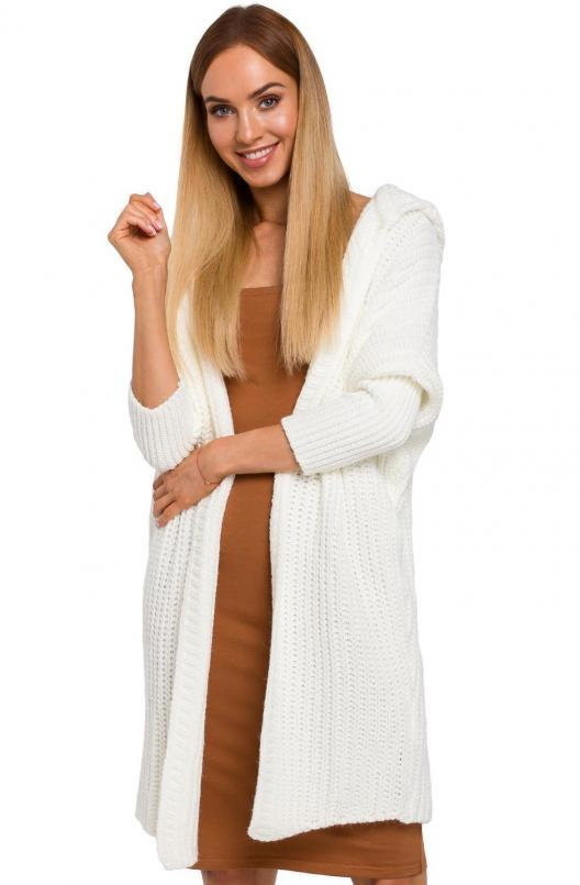 SukienkiShop Długi sweter damski kardigan oversize z kapturem ecru - SukienkiShop