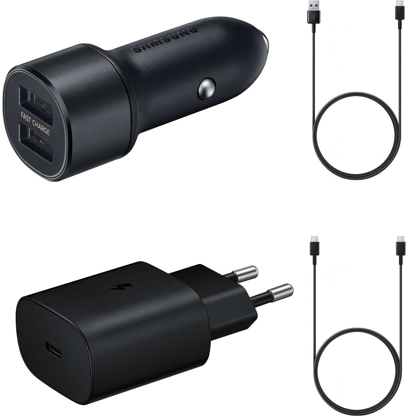 Samsung Charger set zestaw ładowarka samochodowa 15W, ładowarka sieciowa 25W, kabel USB - USB Typ C 1,5m, kabel USB Typ C 1,8m 3A (eco pack) czarny