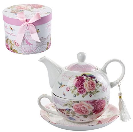 London Boutique Zestaw do herbaty Tea for One dzbanek na herbatę filiżanka suacer Vintage Flora róża lawenda porcelana prezent-Box, 15x15cm