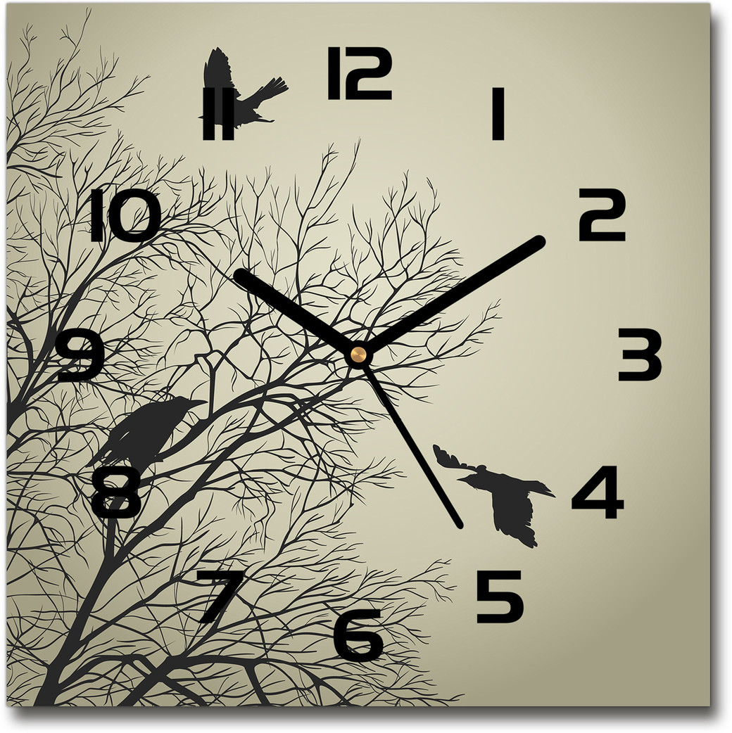 Zegar szklany kwadratowy Wrony na drzewie