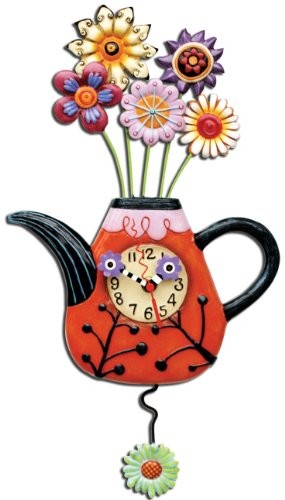 ENESCO p9014 Zegar ścienny, dzbanek na herbatę z kwiatami, żywica, 42 cm, czerwony P9014
