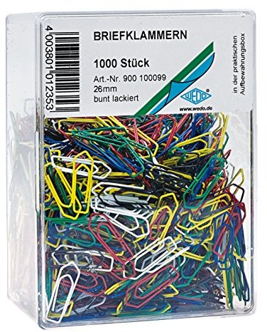 WEDO Wedo 900100099 spinacze biurowe (z metalu 26 mm, lakierowane, w przezroczystym pudełku) 1000 sztuk, posortowane pod względem koloru 900100099