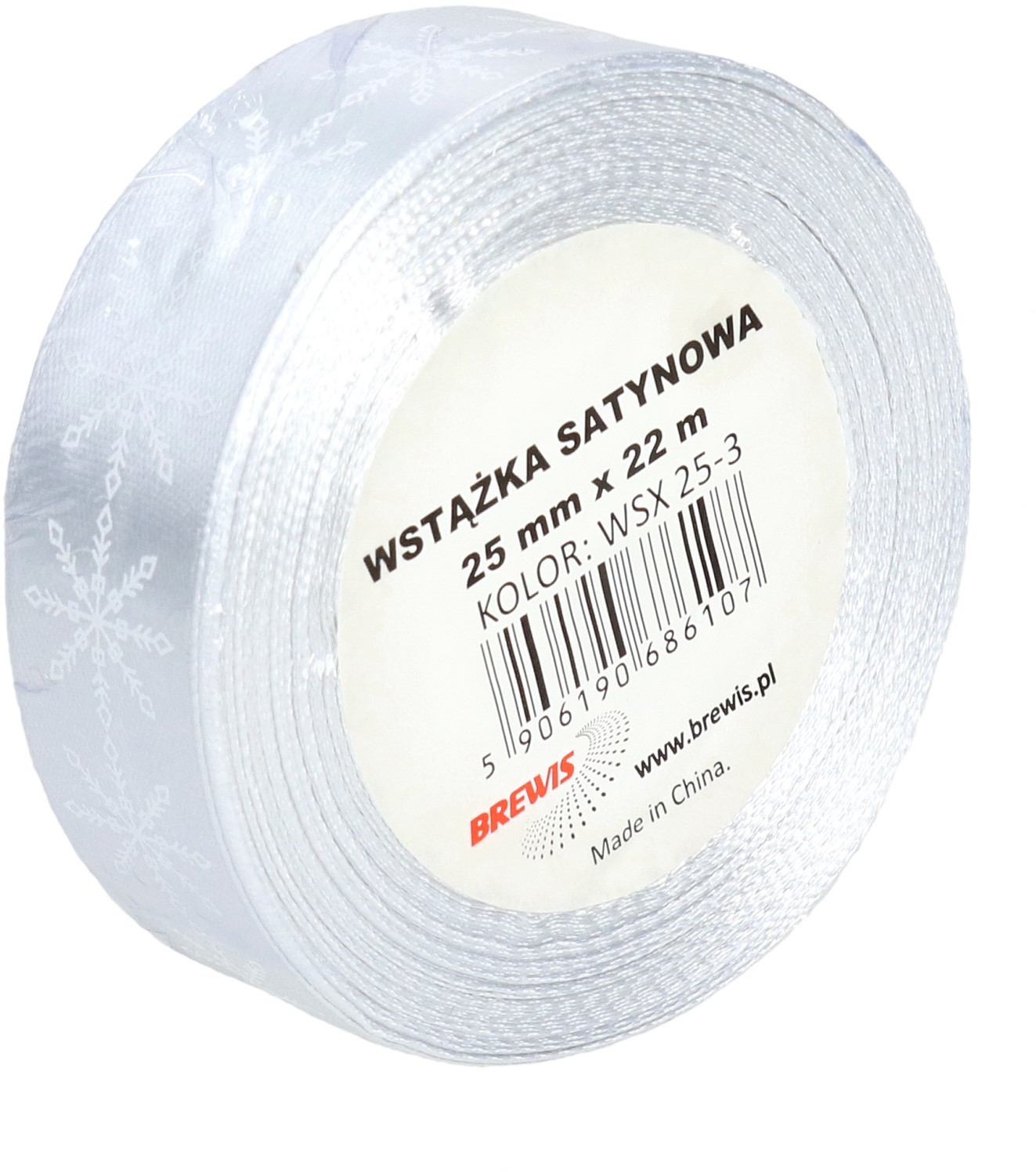 BREWIS Wstążka satynowa 25mmx22m śnieżynki biało/srebrne Brewis