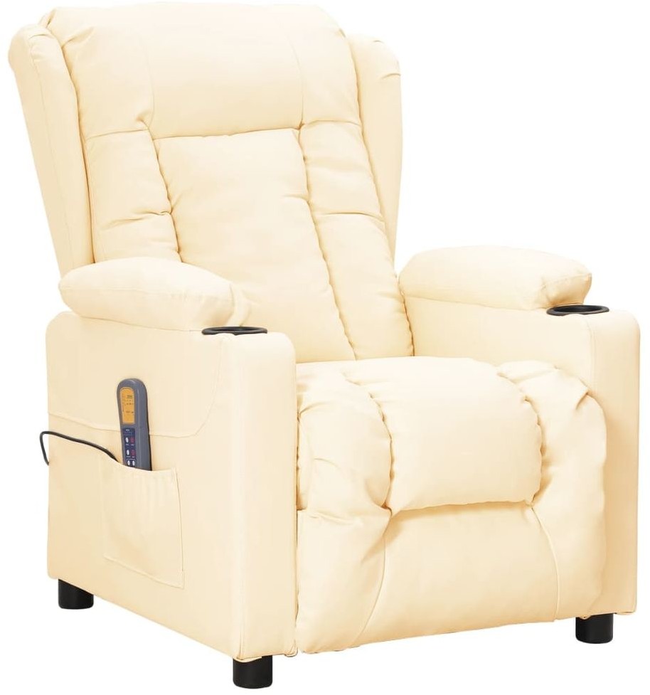 shumee Rozkładany fotel masujący kremowy obity sztuczną skórą