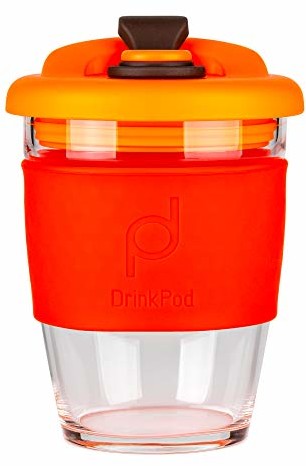 Pioneer DrinkPod szklany kubek do kawy wielokrotnego użytku, nie zawiera BPA, 340 ml, 12 oz  VOLCANO, czerwony