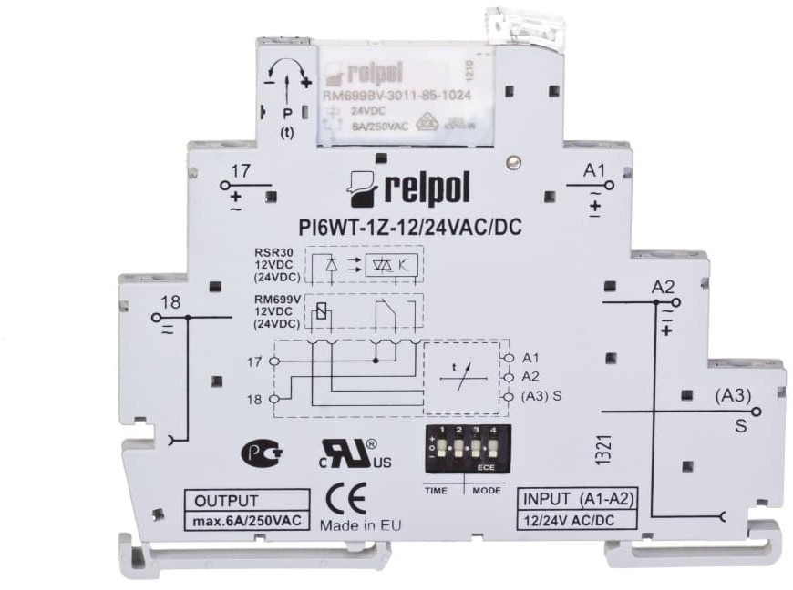 Relpol Przekaźnik czasowy wąskoprofilowy wielofunkcyjny 1Z 6A 1sek-10dni 24V AC/DC PIR6WT-1Z-24VAC/DC-R 857666