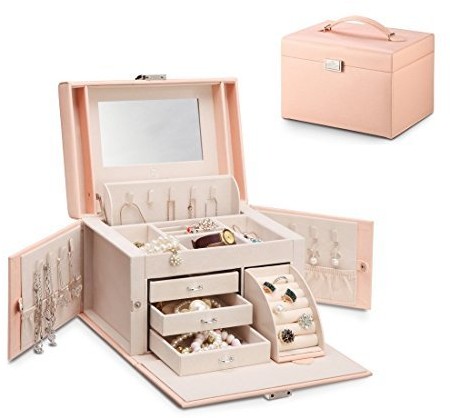 Vlando skórzana szkatułka na biżuterię, łańcuszki, kolczyki, pierścionki, zamykana walizeczka z dużym lustrem oraz przegródkami V14004-11