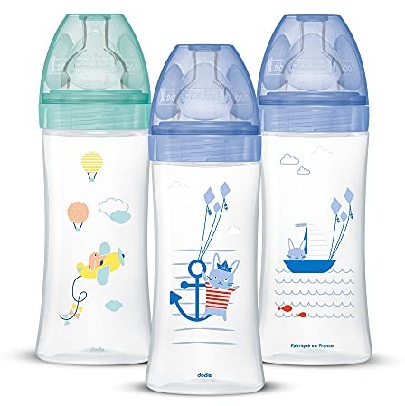 Dodie Dodie Butelka antykoliczna Sensation+, chłopiec, 330 ml, +6 miesięcy, płaski smoczek 3 przepływu - zestaw 3 sztuk, 3 sztuki