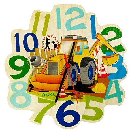 Hess-Spielzeug Hess drewnianych zabawek 30008  Zegar ścienny z drewna z mechanizmem kwarcowym, plac budowy, ok. 24 cm