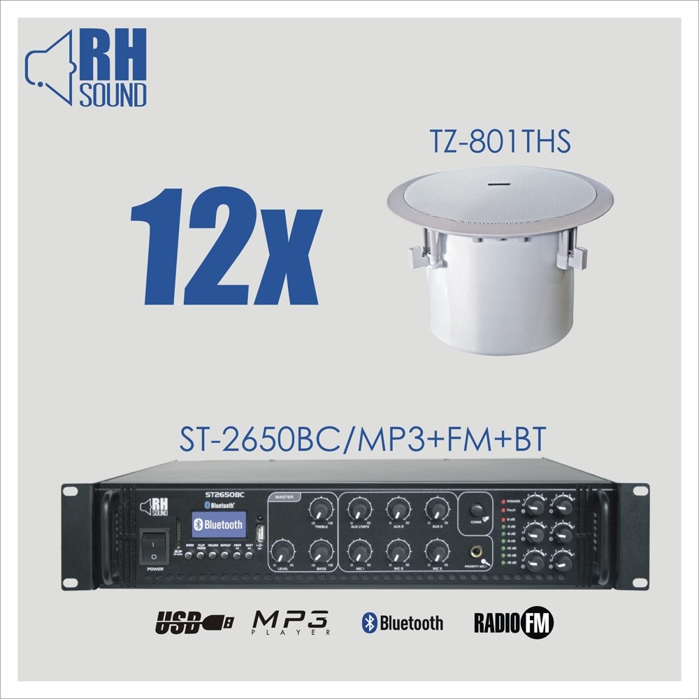 RH Sound ST-2650BC/MP3+FM+BT + 12x TZ-801THS - nagłośnienie sufitowe
