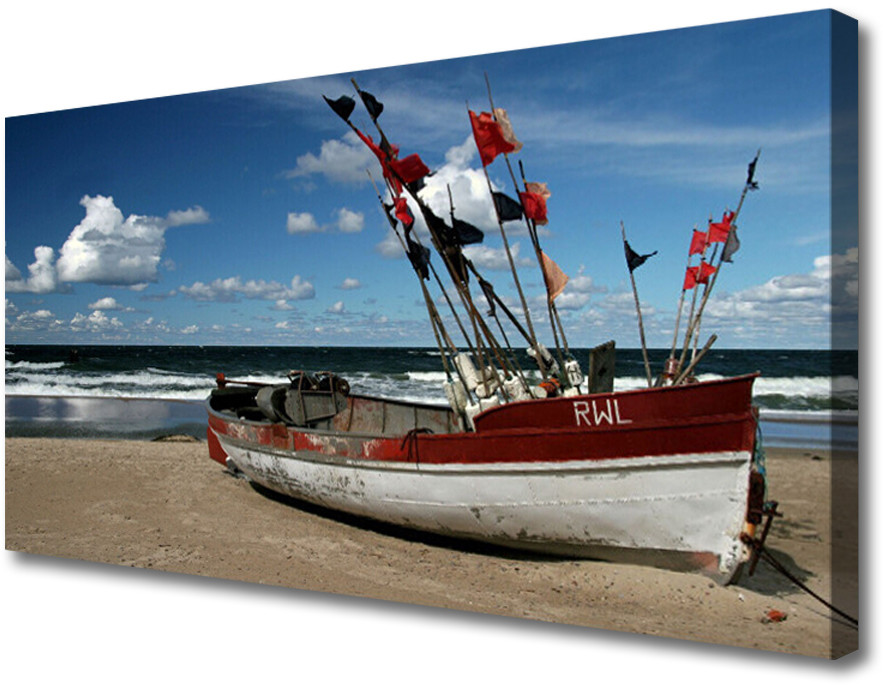 PL Tulup Obraz na Płótnie Morze Plaża Łódka Krajobraz 125x50cm