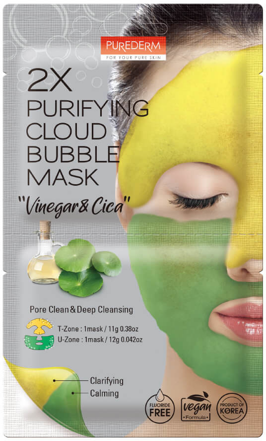 Purederm Bąbelkująca maseczka żółto - zielona z octem jabłkowym i wąkrotką azjatycką, 11g + 12g ADS792