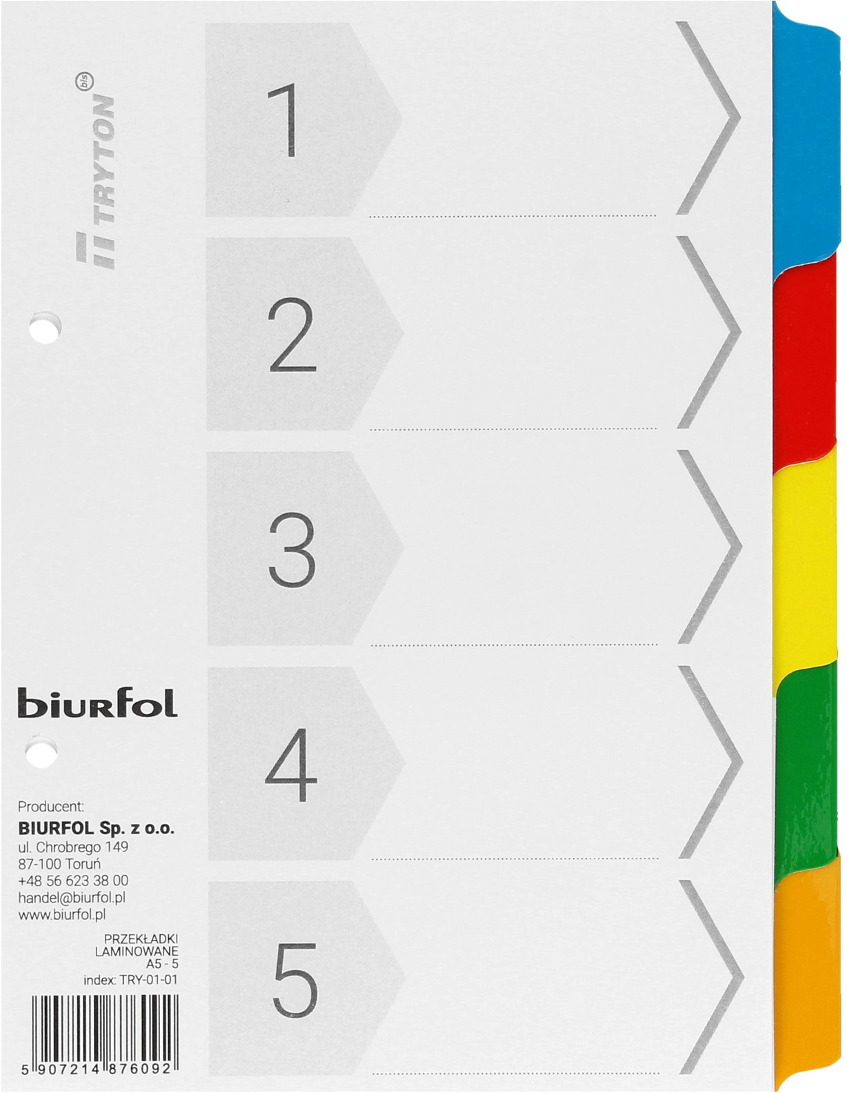 BIURFOL Przekładki kartonowe A5 5k kolorowe Biurfol