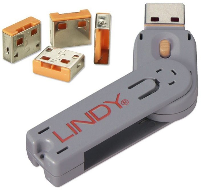 LINDY 40453 Bloker blokada) portu USB pomarańczowy 4 szt z kluczem) LY-40453