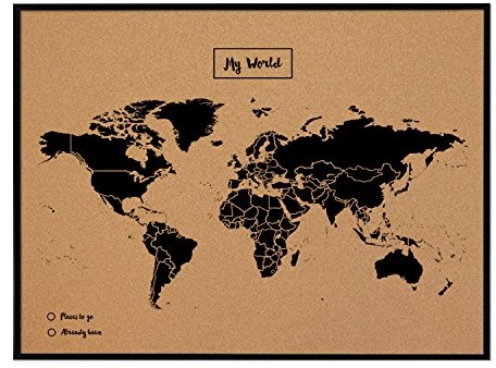 Miss Wood My World mapa świata z korka, z drewnianą ramą, czarna, 48 x 63 x 1,5 cm 8436563402081
