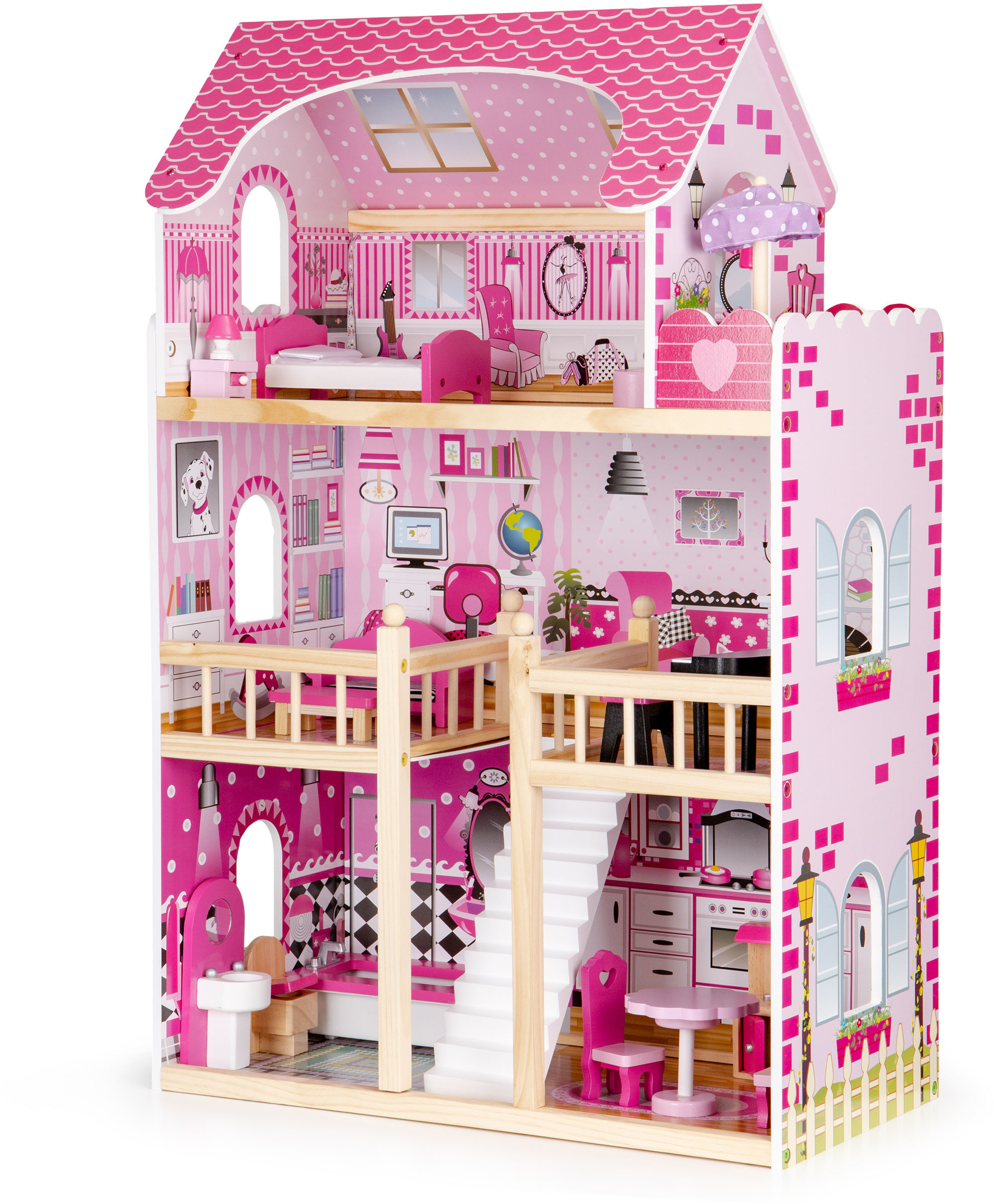 EcoToys drewniany domek dla lalek mebelki led