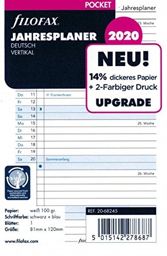 Filofax wkładka Pocket kalendarza: Plan roku 2020 W języku niemieckim pionowy 000020-68245