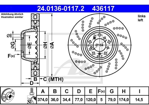 ATE TARCZA HAM 24.0136-0117.2 BMW E61 TOURING M 07- PRZÓD LEWY  24.0136-0117.2