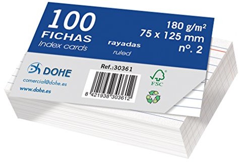 DOHE Dohe 30361 opakowanie z 100 fiszkami, papier w linie, biały karton fotograficzny, 180 g, nr 2, 75 x 125 mm 30361