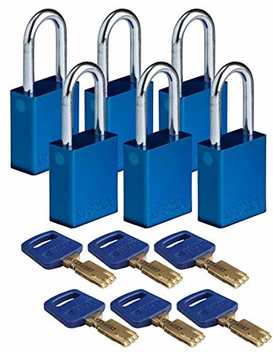 Brady Brady SafeKey Lockout kłódka aluminiowa Blu 1,5 cala stalowa trzonka z kluczem różne 6 szt 754473611170