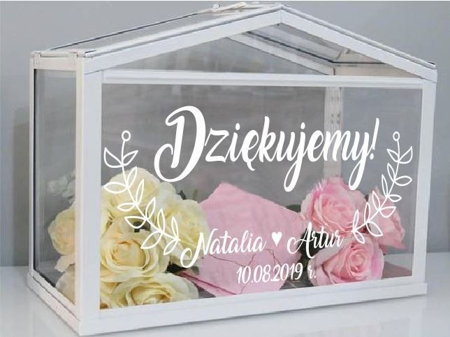 Naklejka ślubna Dziękujemy + imiona + listki SL045