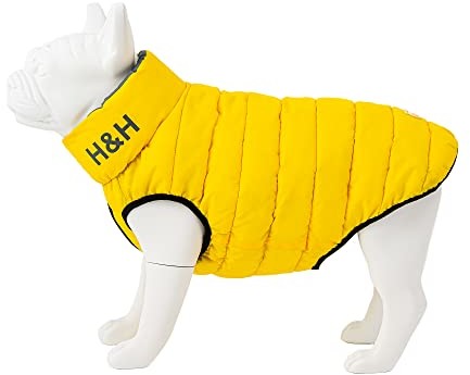 HUGO & HUDSON HUGO & HUDSON Kurtka puchowa dla psów - odzież i akcesoria dla psów odwracalny ciepły wodoodporny płaszcz dla psa z otworem na kołnierz, żółty i szary - L55 HHPJ10011-L-55