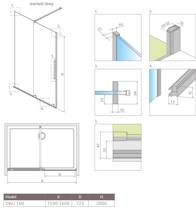 Radaway Furo DWJ drzwi prysznicowe 160cm lewe szkło przejrzyste 10107822-01-01L/10110780-01-01 |
