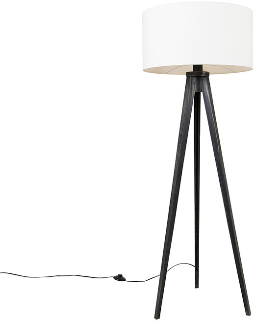 QAZQA Lampa podłogowa statyw czarny z kloszem biały 50 cm - Tripod Classic