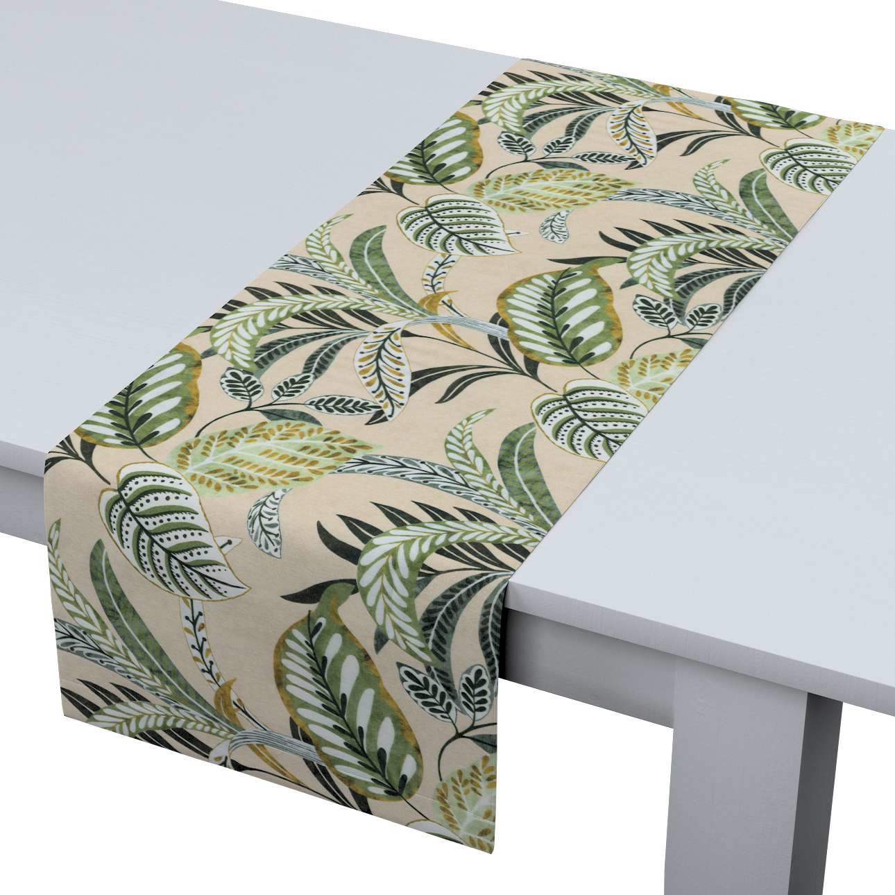 Dekoria pl pl Bieżnik prostokątny oliwkowo-zielone liście na lnianym tle 40 × 130 cm Tropical Island 410-142-96