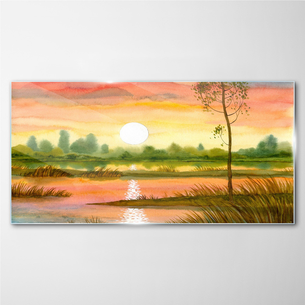 PL Coloray Obraz Szklany akwarele drzewo zachód słońca 140x70cm